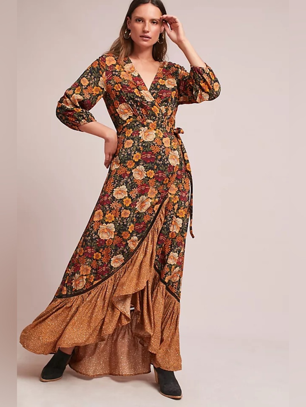 Anthropologie Farm rio Madrid ruffle autumn floral boho hi-lo hem wrap dress